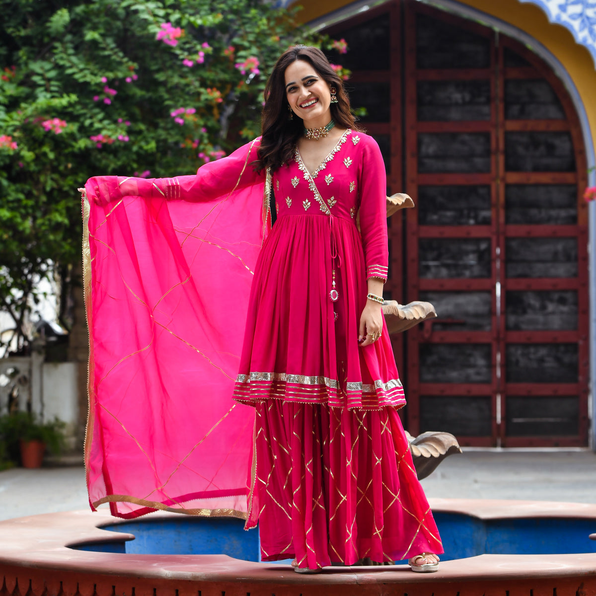 Buy UrbanStree Nupur Pink Designer Ethnic Wear Georgette Suit Set For ...