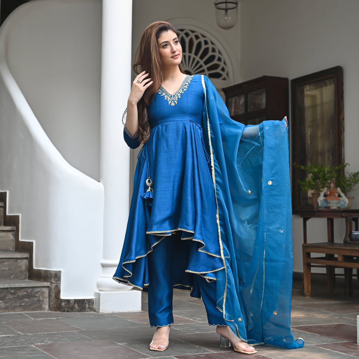 Buy UrbanStree Aram Banu Blue Designer Straight Salwar Suit Set For ...