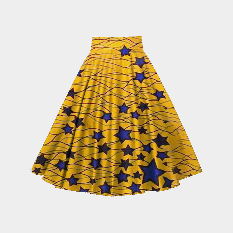 Gold Blue Star Wax Printed Floor Length Maxi Skirt