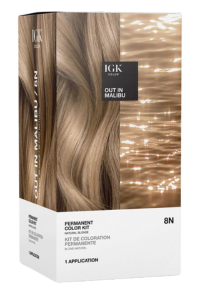 Box of IGK 'Out In Malibu' 8N permanent hair color kit.