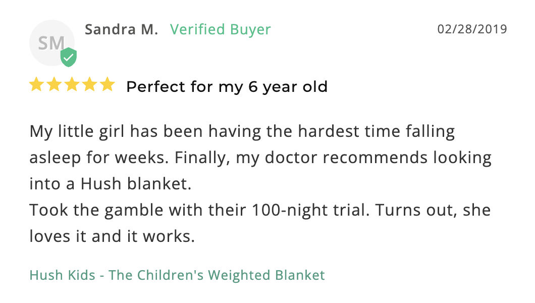 screenshot of a customer review about Hush children's weighted blanket
