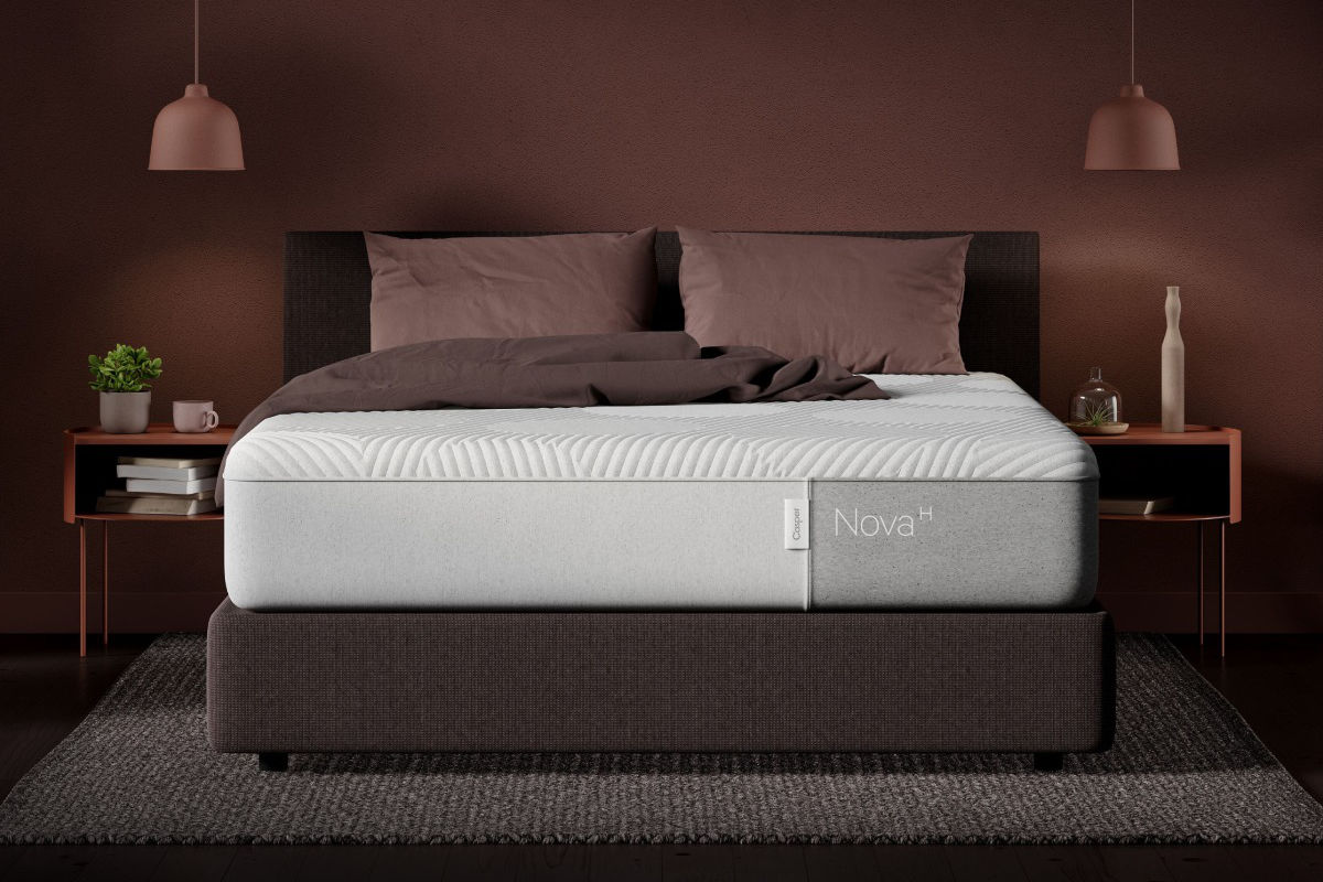 Casper Nova mattress in a chocolate brown themed bedroom interior.