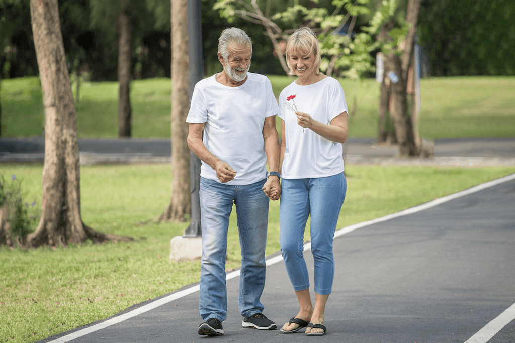 Happy elderly couple holding hands while walking in the part