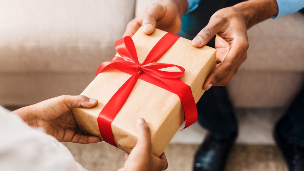 strangers exchanging stress relief gifts