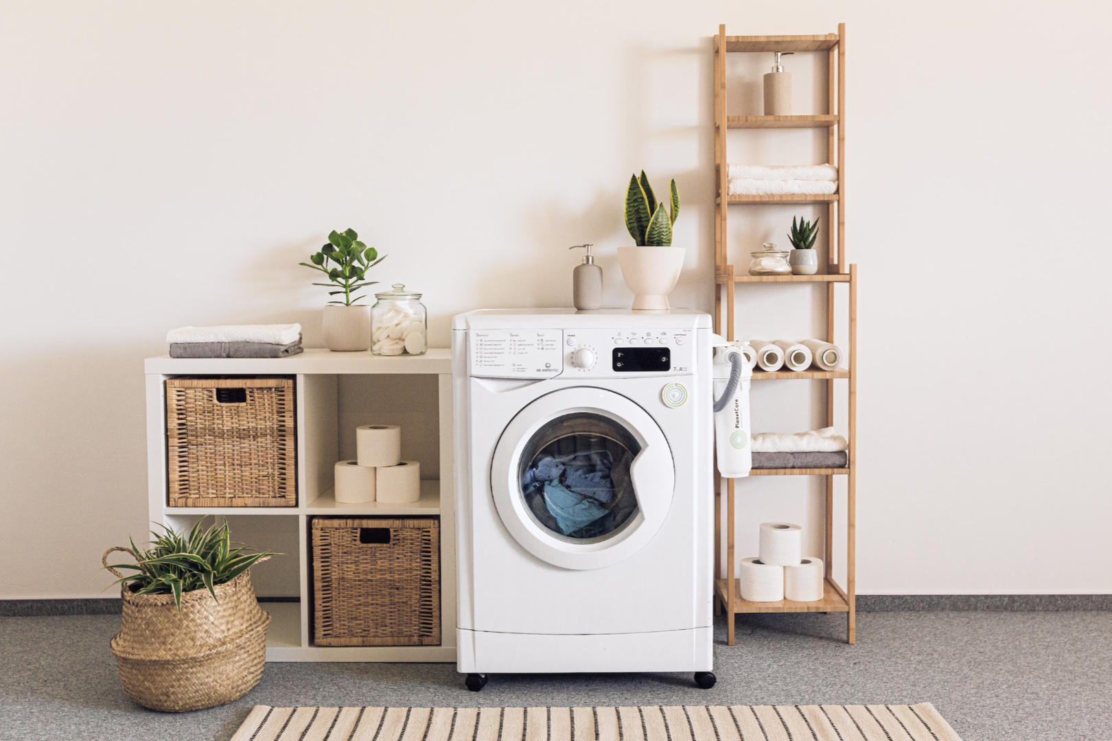 An organized laundry area with front-load automatic washing machine in the center and wooden shelves on both sides.