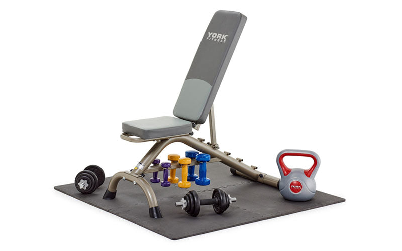 Home Gym Equipment including Bench and Weights