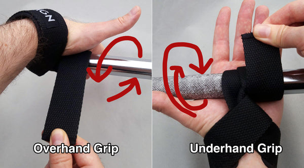 Which direction to wrap weight lifting straps around the bar for overhand and underhand grips