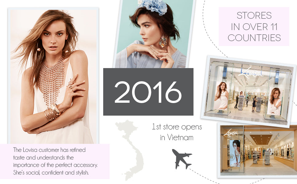2016 | Stores in over 11 countries. | 1st store opens in Vietnam. | The Lovisa customer is social, confident and stylish. 