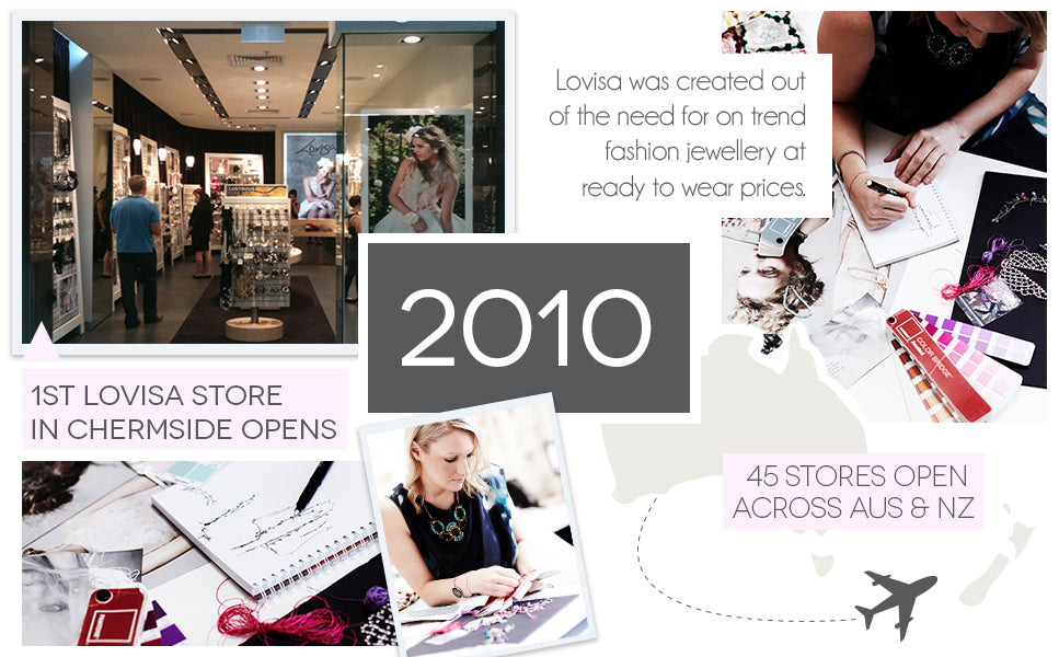 2010 | Lovisa was created out of the need for on trend fashion jewellery at ready to wear prices. | 1st Lovisa store in Chermside opens. | 45 stores open across AU & NZ.