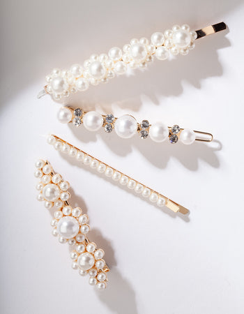 Gold Multi Pearl Diamante Hair Clip Pack - Lovisa