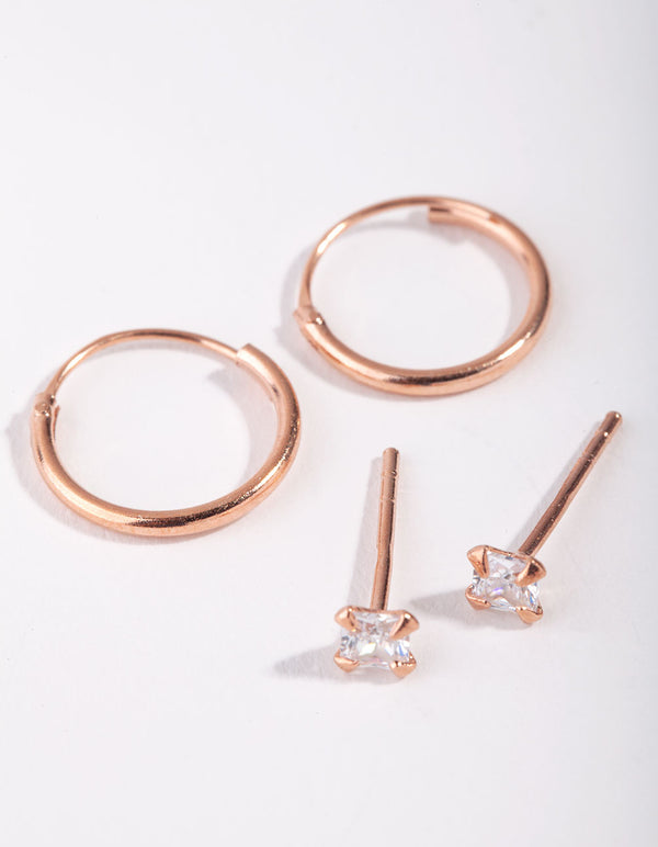 Rose Gold Plated Sterling Silver Princess Stud and Hoop 2-Pack