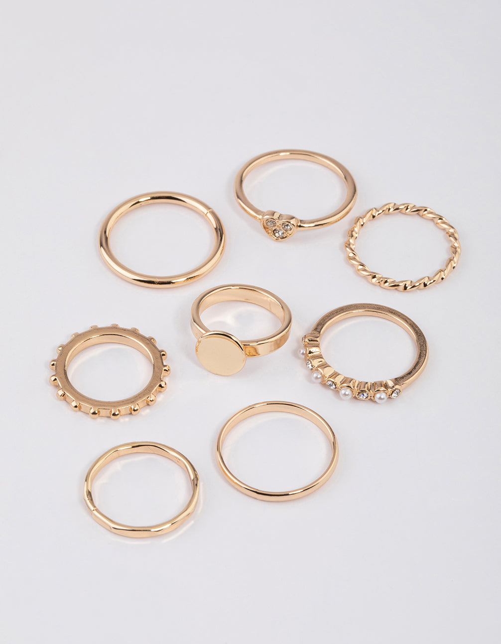 Lovisa Gold Disc & Diamante Heart Ring 8-Pack, Size: Small/Medium