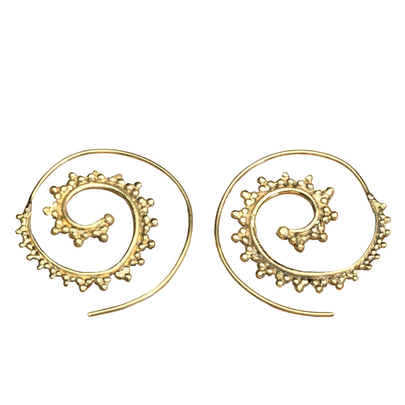 Pure Brass Dot Beaded Spiral Hoop Earrings - OMishka