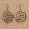 Artisan handmade pure brass, swirling flame sun mandala, disc drop earrings designed by OMishka.