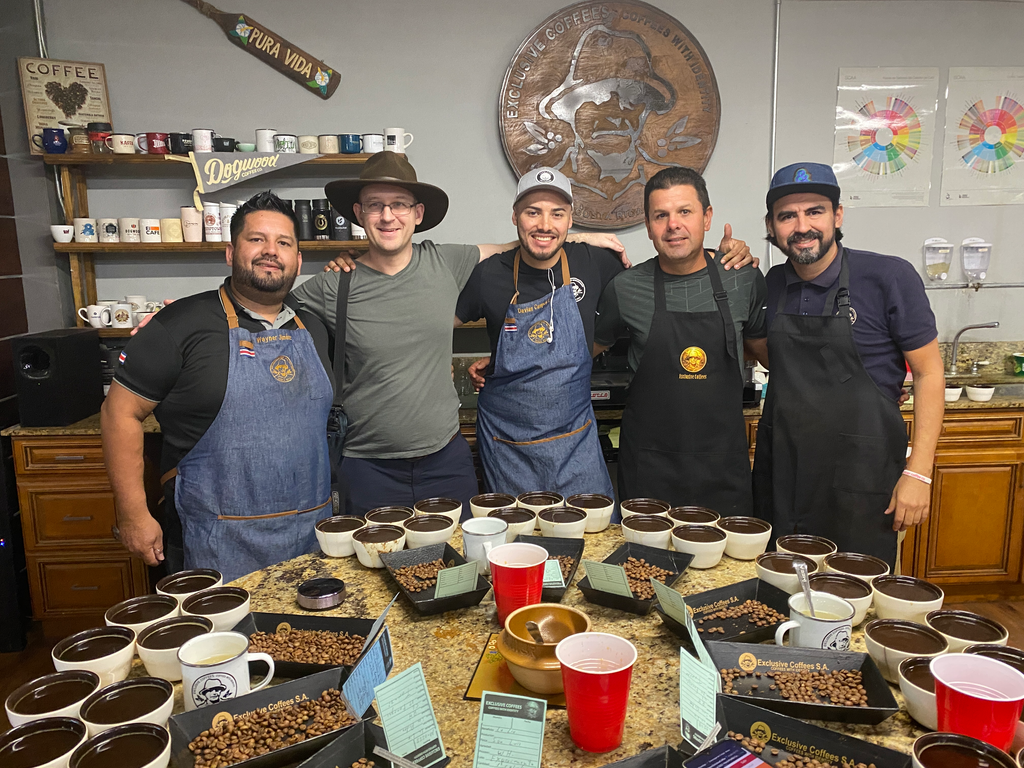 Wyner Jimenez, Roland, Davian Campos, Luis Alberto Monge (La Lia micromill) and Jose Javier Carmona cupping coffees at Exclusive Coffees HQ in Costa Rica