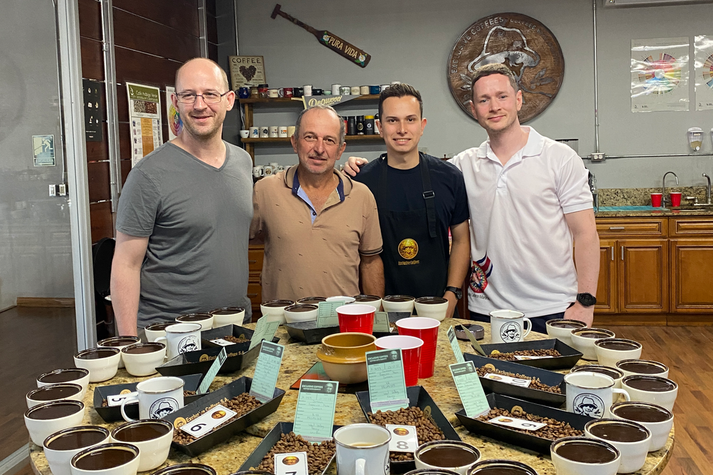 OCR Green Buyer Roland Glew, Carlos Arrieta, Jose Ignacio Arrieta, and Hasbean eCommerce Manager Chris Glover-Price after cupping coffees together at Exclusive Coffees HQ in San Jose, Costa Rica