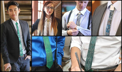 The prgression of TechWears Circuit Board Ties over time. Models wearing each version of the tie.
