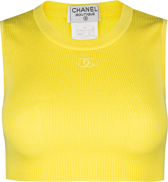 Chanel Spring 1995 Yellow Ribbed Logo Crop Top | EL CYCER