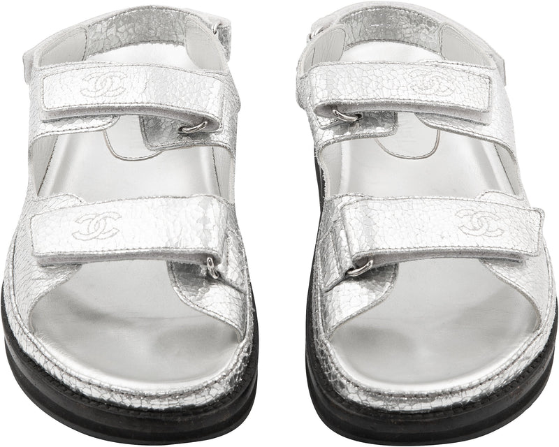 Chanel Metallic Silver Logo Dad Sandals | EL CYCER