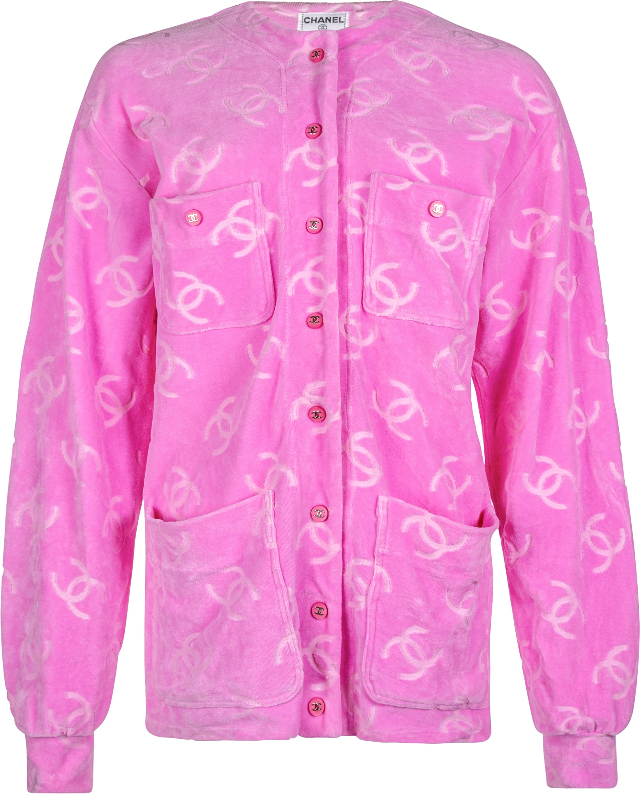 image of Chanel Pink Velour Logo Spring 1996 Runway Jacket