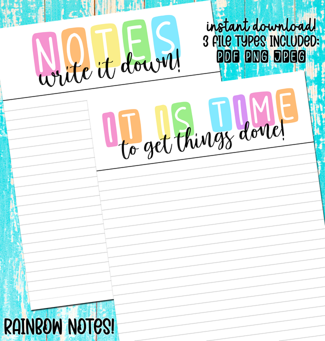 rainbow notes printable to do list lined paper instant digital dow thetrendyowl