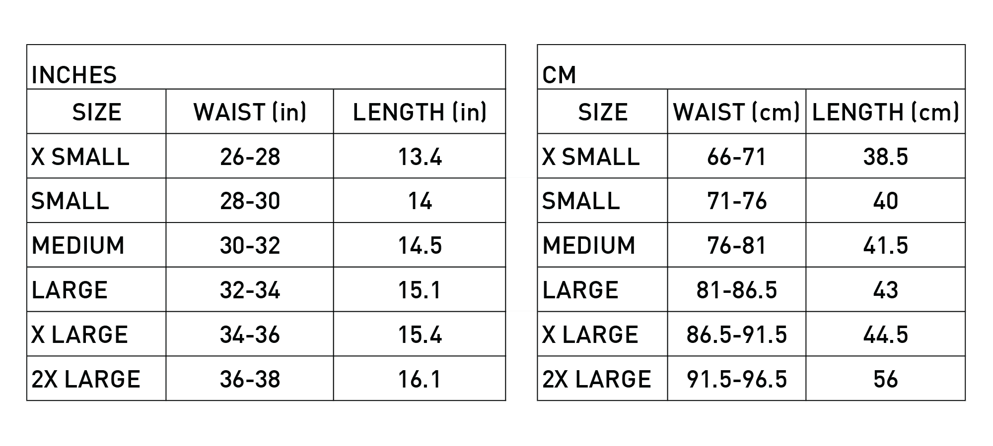 5" Short Size Chart