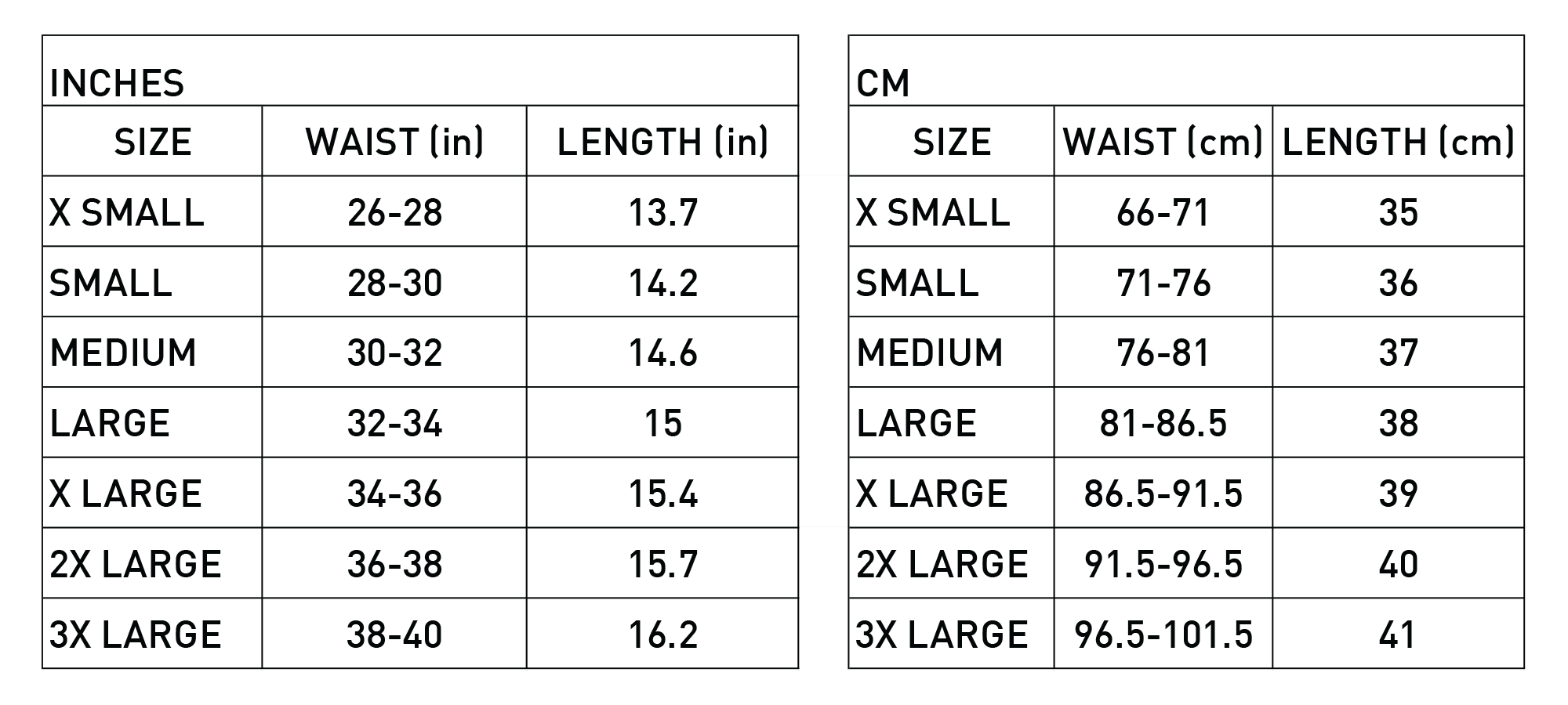No Velcro Short Size Chart