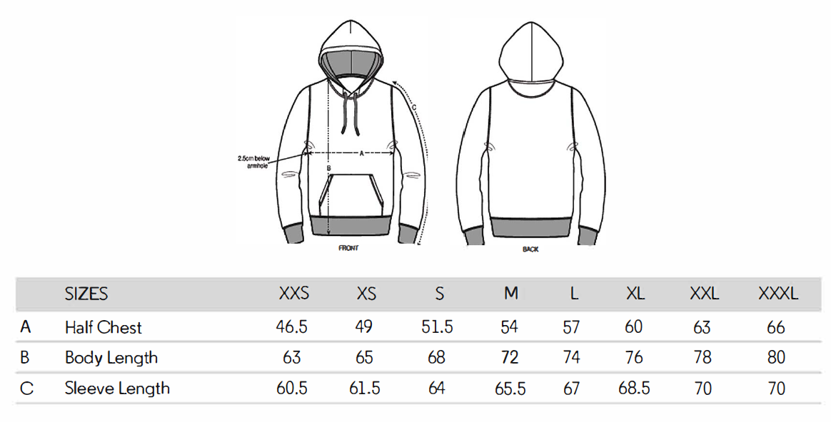 Tableau des tailles Joh Clothing/sweat à capuche unisexe