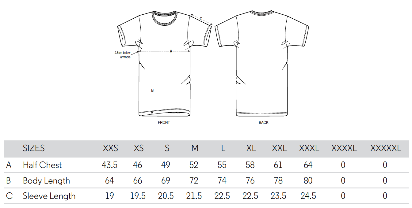 Tableau des tailles Joh Clothing / hommes / t-shirts unisexes