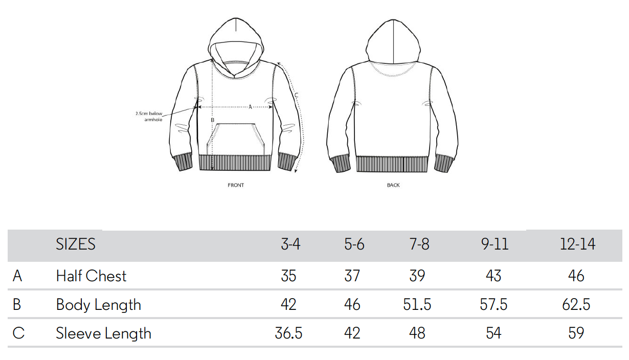 Tableau des tailles Joh Clothing / sweat à capuche pour enfants