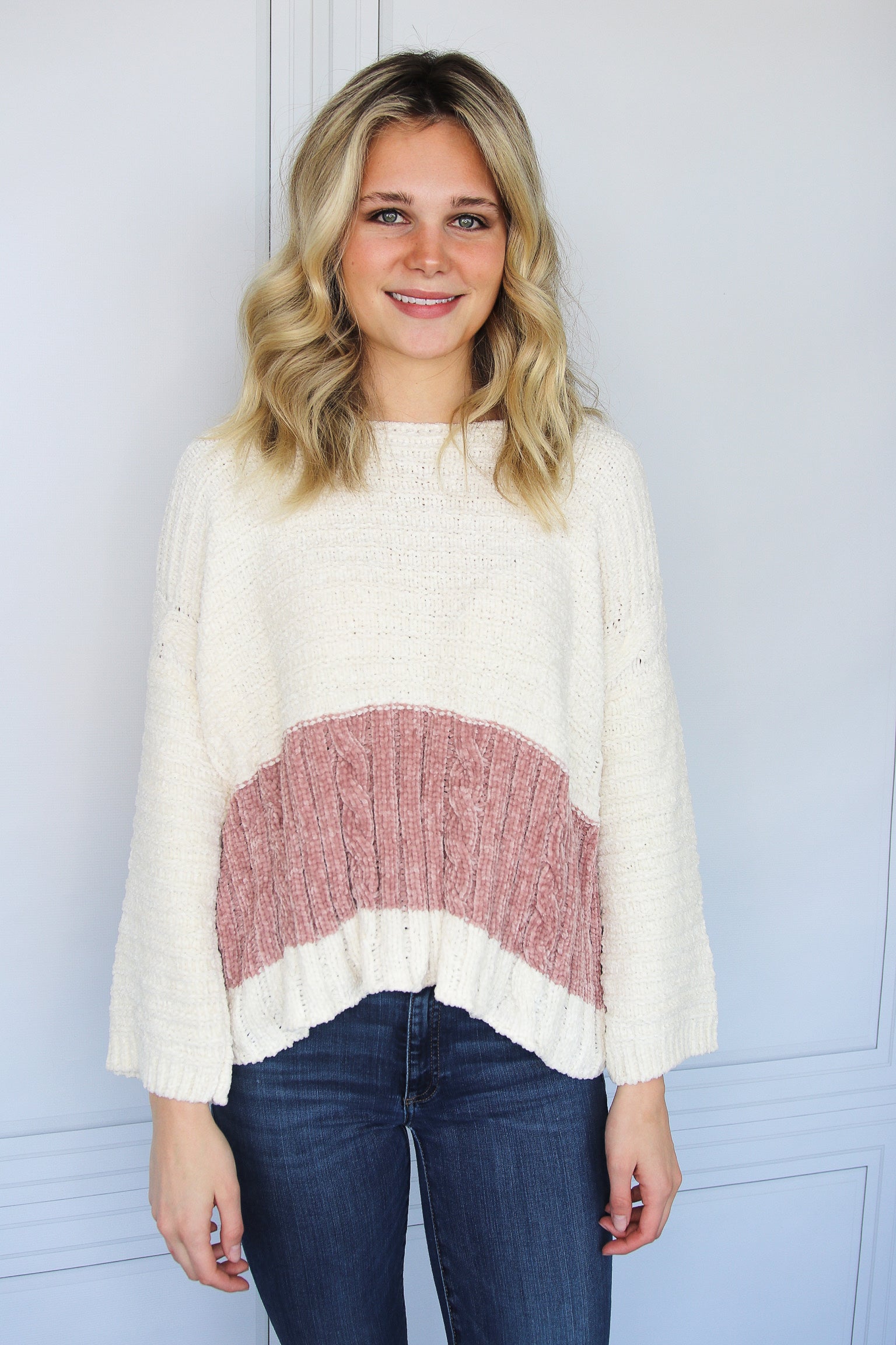 white chenille sweater