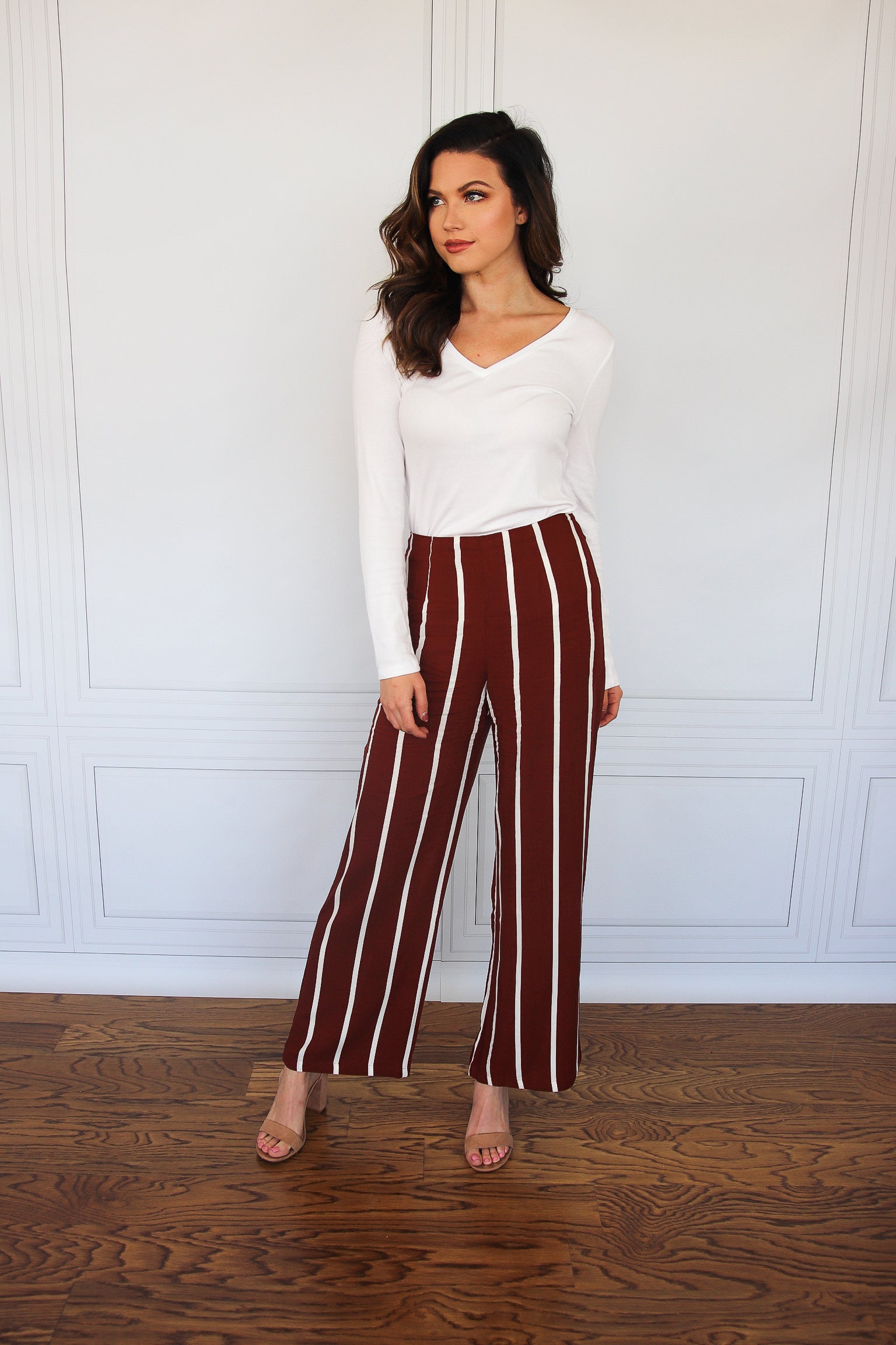 brown and white striped pants