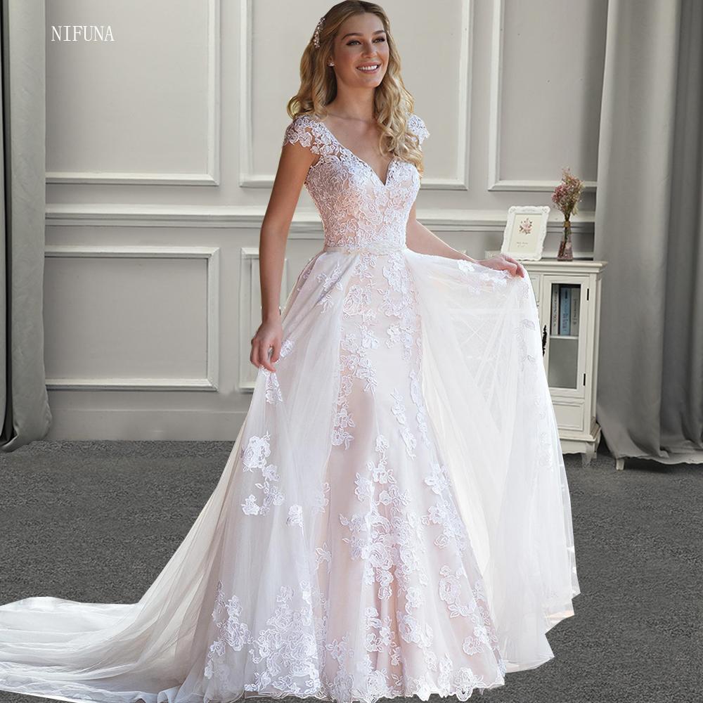Cheap Bridal Gowns Detachable Train Luxury White Lace Wedding