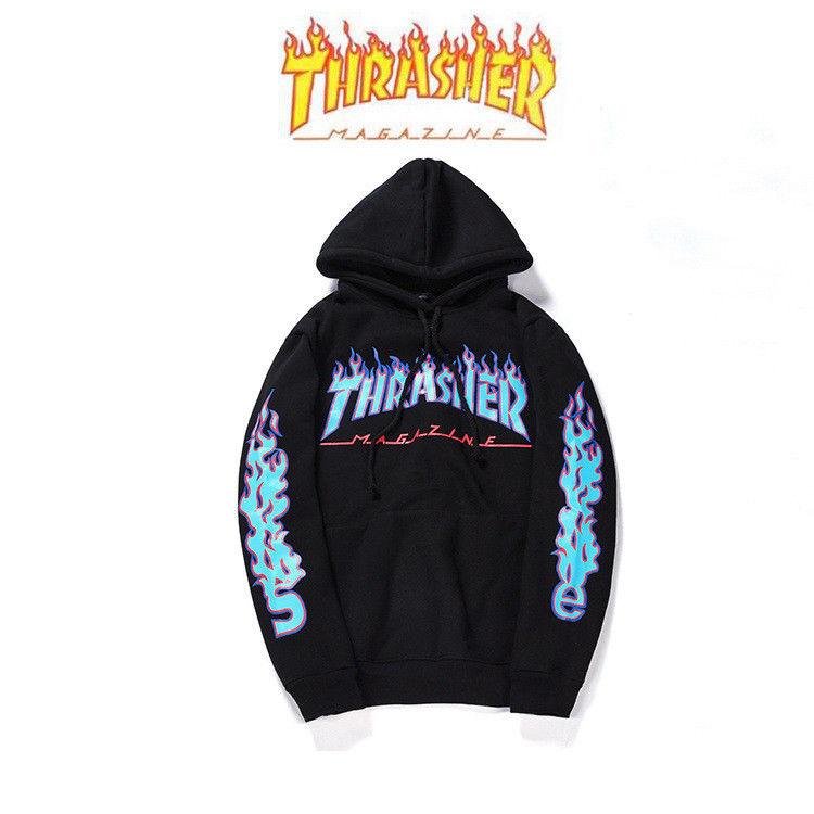 thrasher hoodie with flames on sleeves