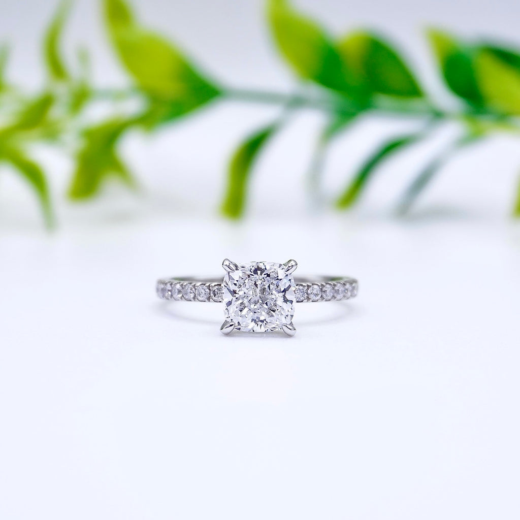 one carat cushion cut lab grown diamond pave setting engagement ring