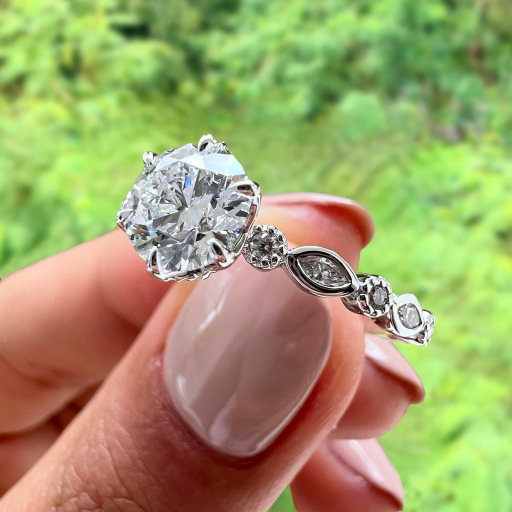 vintage inspired round cut lab diamond engagement ring