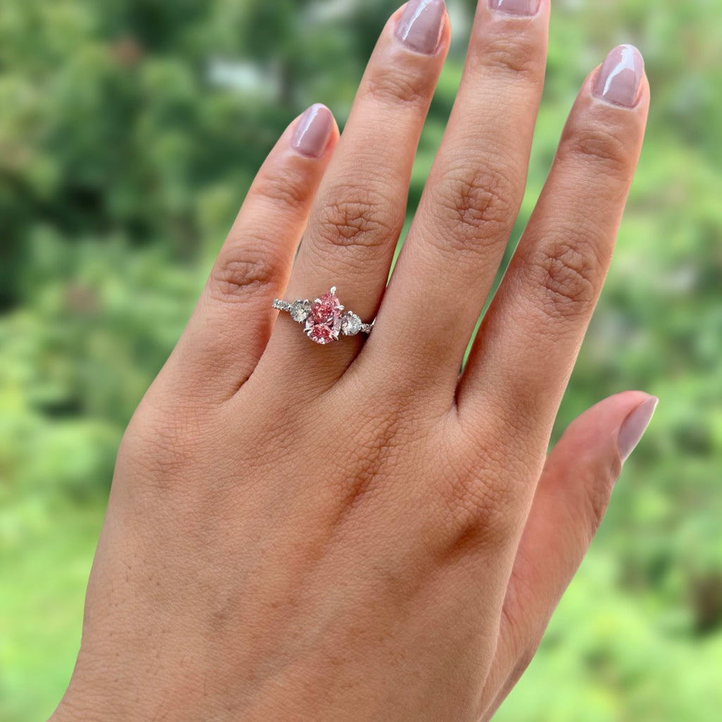 pink colored three stone trilogy Engagement ring Wedding rings gold jewelry moissanite lab grown diamond manila philippines