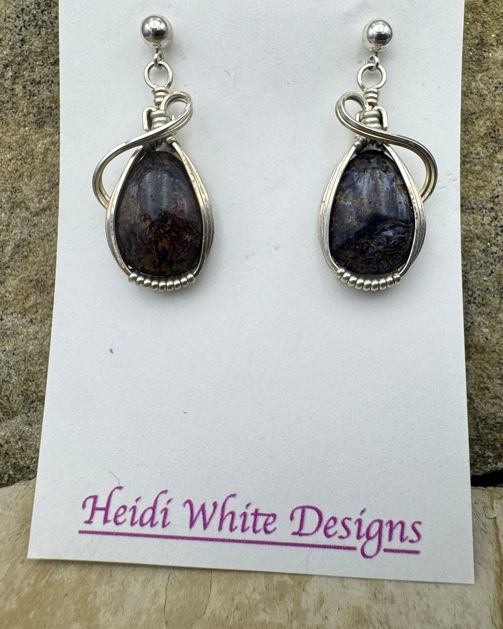 Heidi White Designs Wire Wrapped Blue Pietersite Earrings in Sterling Silver