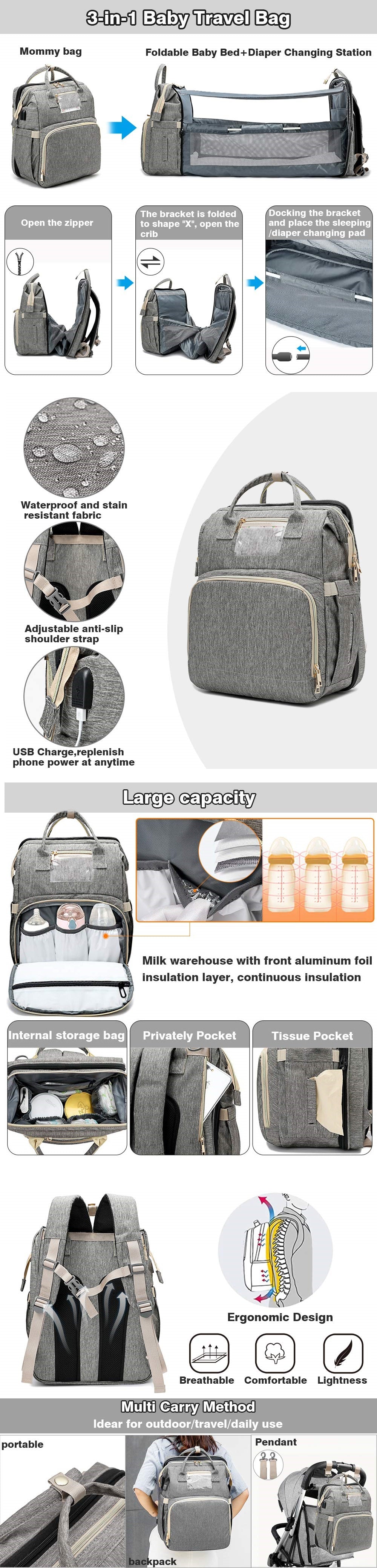 3 in 1 Baby Diaper Bag with Changing station, Portable mommy bag , Baby  travel