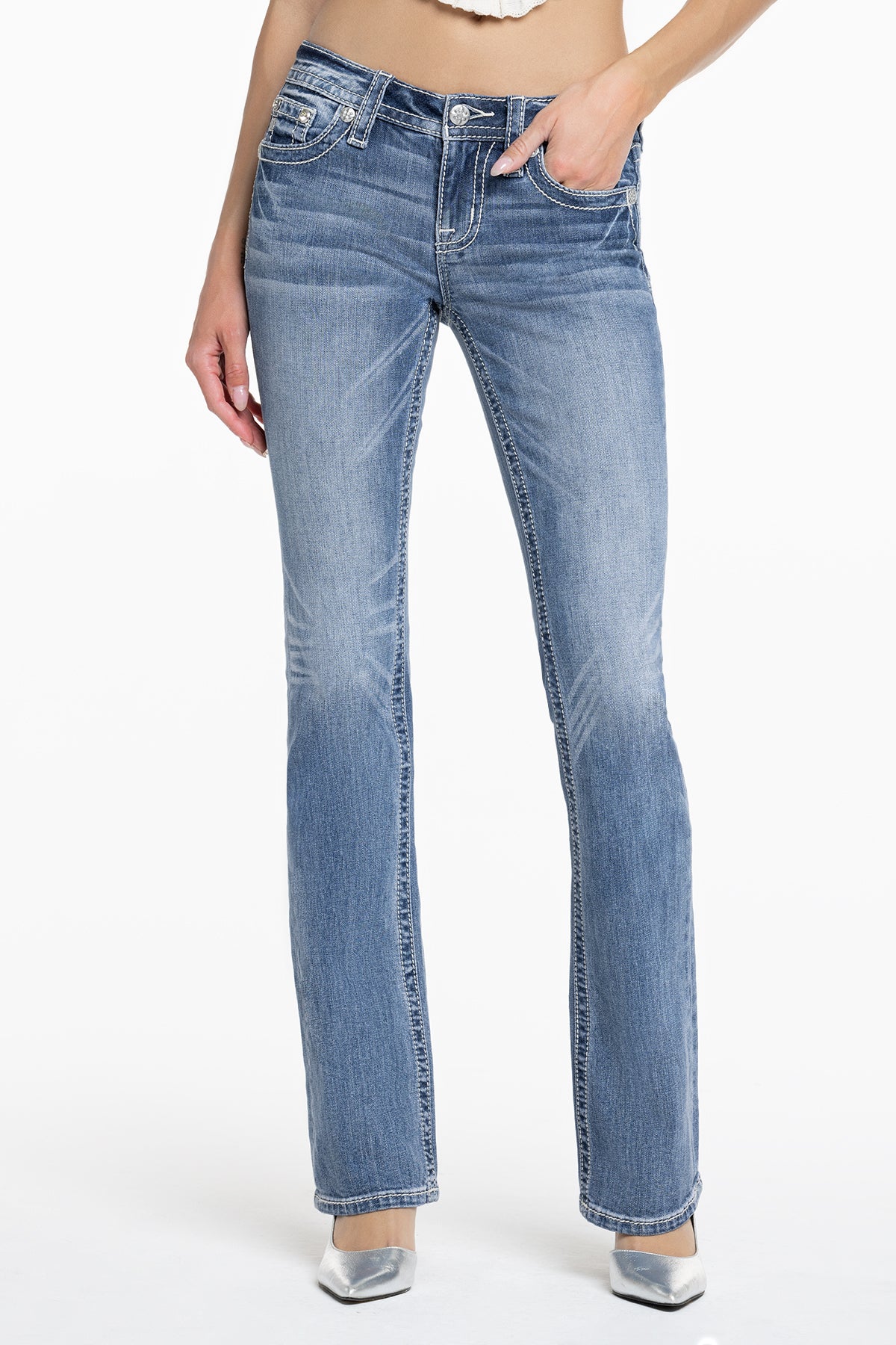 Miss Me Elora Cross Bootcut Jeans In Medium Wash