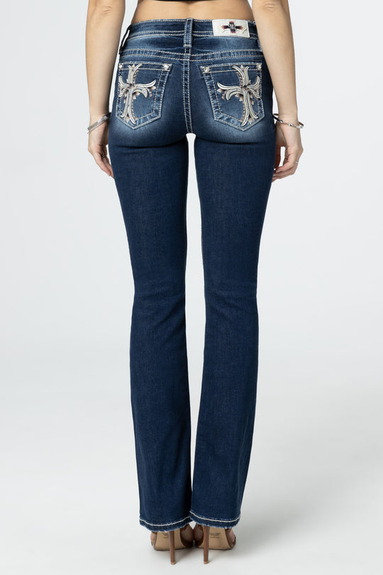 Scalloped Edge Cross Bootcut Jeans | Only $114.00 | Med/Dark Wash | Miss Me