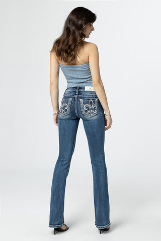 women modeling silver sequins fleur-fe-lis bootcut denim jeans