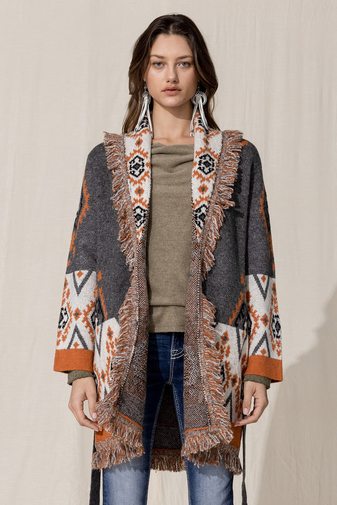 Aztec Fringe Cardigan | Only $44.50 | Grey, Orange | Miss Me