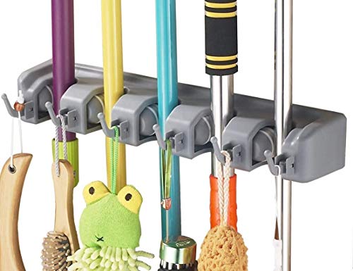 Hulless Broom Holder, Wall Mounted Orgnizer Storage Hooks, Mop Storage Tool Rack with 5 Ball Slots and 6 Hooks.