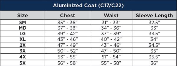 Aluminized Thermal Coat Sizing Chart