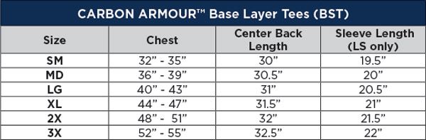 National Safety Apparel Carbon Armour BK Base Layer Shirt Sizing Chart