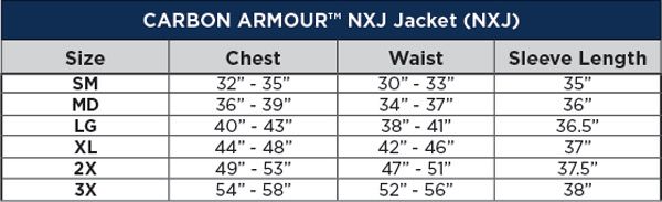 Carbon Armour NXJ Jacket Sizing Chart