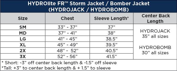 Hydrolite 2.0 fr jacket sizing chart