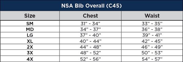 National Safety Apparel Bib Overalls Sizing Chart