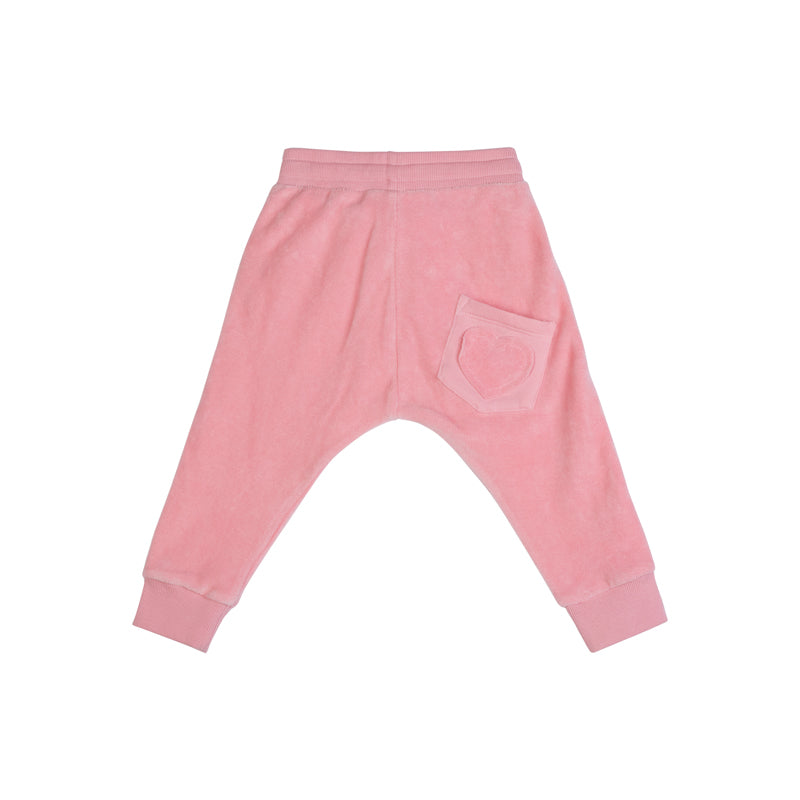 pink velour trackies with frill detail.
